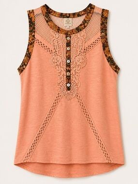 gimmicks by BKE Peach Crochet-Trim Tank with Floral Trim (254)